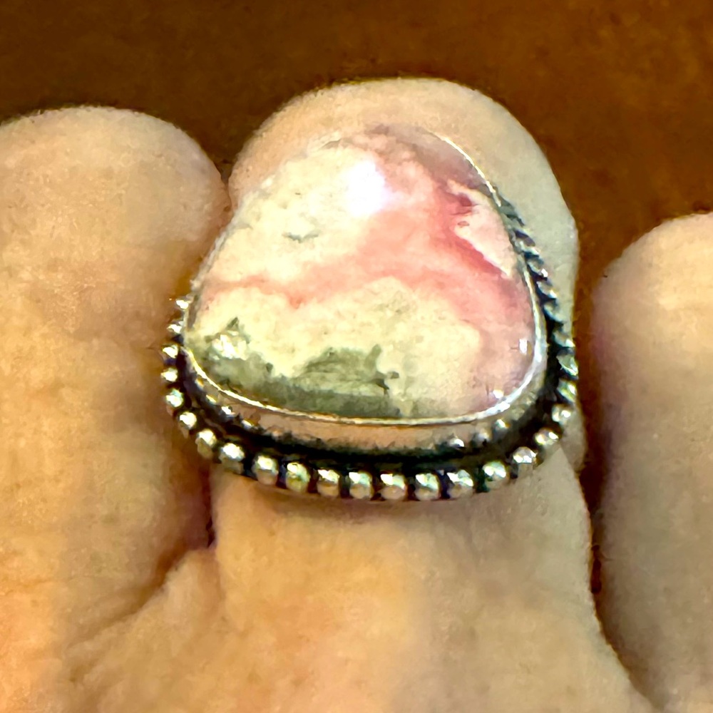 Rhodochrosite Gemstone Handcrafted India, Ethnic Pink, Silver plated Ring Size 8 - Picture 3 of 8